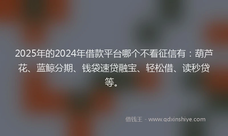 2025年的2024年借款平台哪个不看征信有：葫芦花、蓝鲸分期、钱袋速贷融宝、轻松借、读秒贷等。