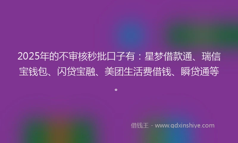 2025年的不审核秒批口子有：星梦借款通、瑞信宝钱包、闪贷宝融、美团生活费借钱、瞬贷通等。