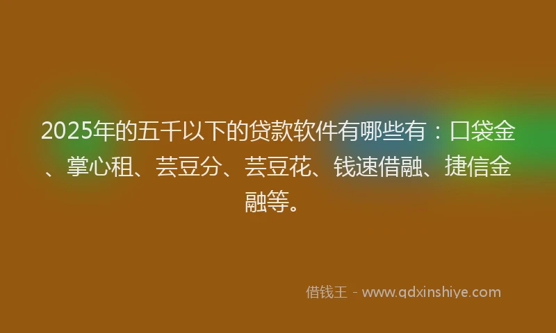 2025年的五千以下的贷款软件有哪些有：口袋金、掌心租、芸豆分、芸豆花、钱速借融、捷信金融等。