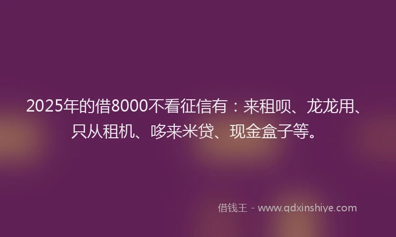 2025年的借8000不看征信有：来租呗、龙龙用、只从租机、哆来米贷、现金盒子等。