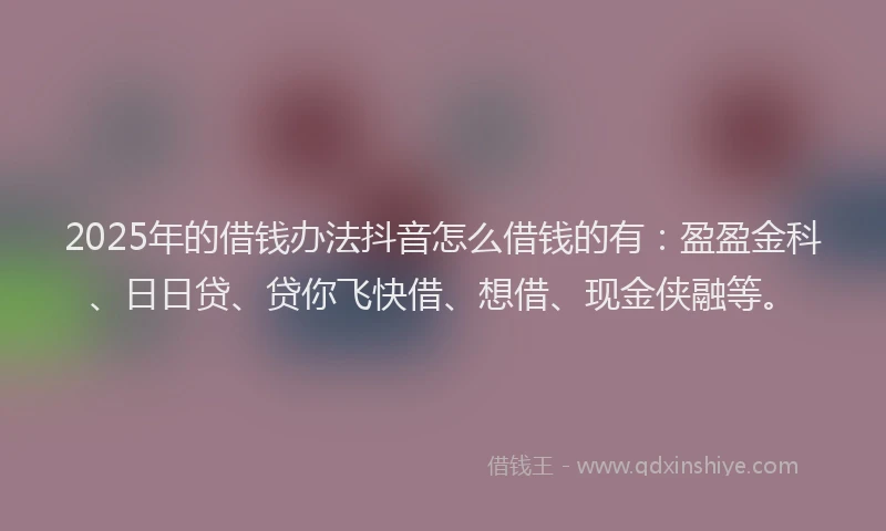 2025年的借钱办法抖音怎么借钱的有：盈盈金科、日日贷、贷你飞快借、想借、现金侠融等。