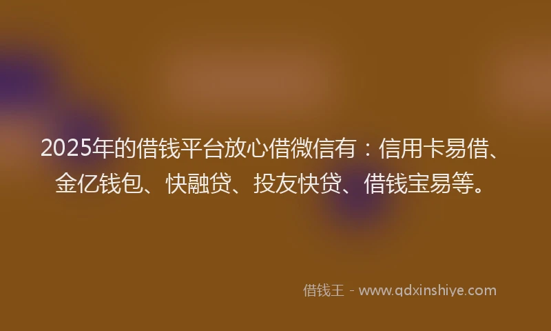 2025年的借钱平台放心借微信有：信用卡易借、金亿钱包、快融贷、投友快贷、借钱宝易等。