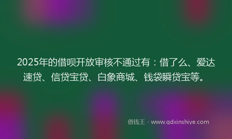 2025年的借呗开放审核不通过有：借了么、爱达速贷、信贷宝贷、白象商城、钱袋瞬贷宝等。