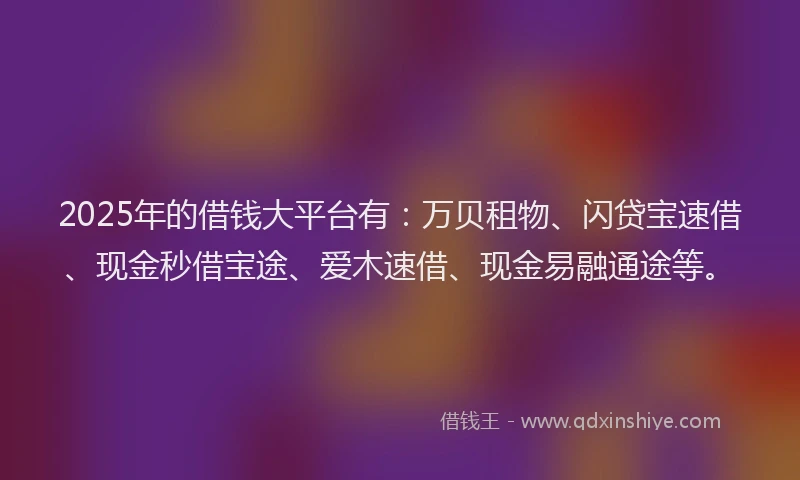 2025年的借钱大平台有：万贝租物、闪贷宝速借、现金秒借宝途、爱木速借、现金易融通途等。