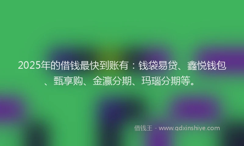 2025年的借钱最快到账有：钱袋易贷、鑫悦钱包、甄享购、金瀛分期、玛瑙分期等。