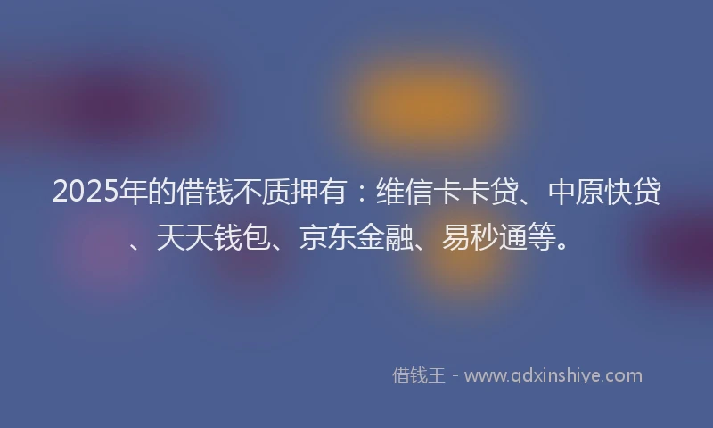 2025年的借钱不质押有：维信卡卡贷、中原快贷、天天钱包、京东金融、易秒通等。