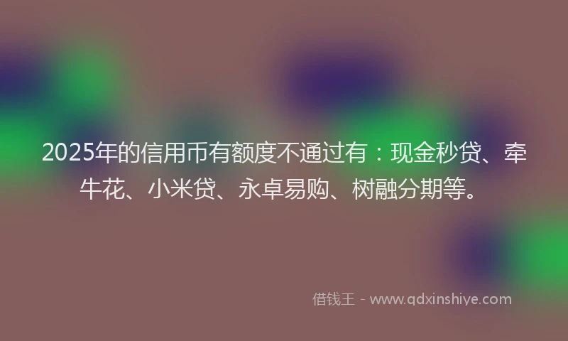 2025年的信用币有额度不通过有：现金秒贷、牵牛花、小米贷、永卓易购、树融分期等。