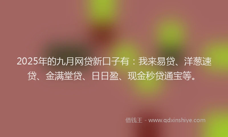 2025年的九月网贷新口子有：我来易贷、洋葱速贷、金满堂贷、日日盈、现金秒贷通宝等。
