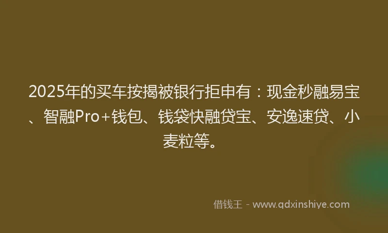2025年的买车按揭被银行拒申有：现金秒融易宝、智融Pro+钱包、钱袋快融贷宝、安逸速贷、小麦粒等。