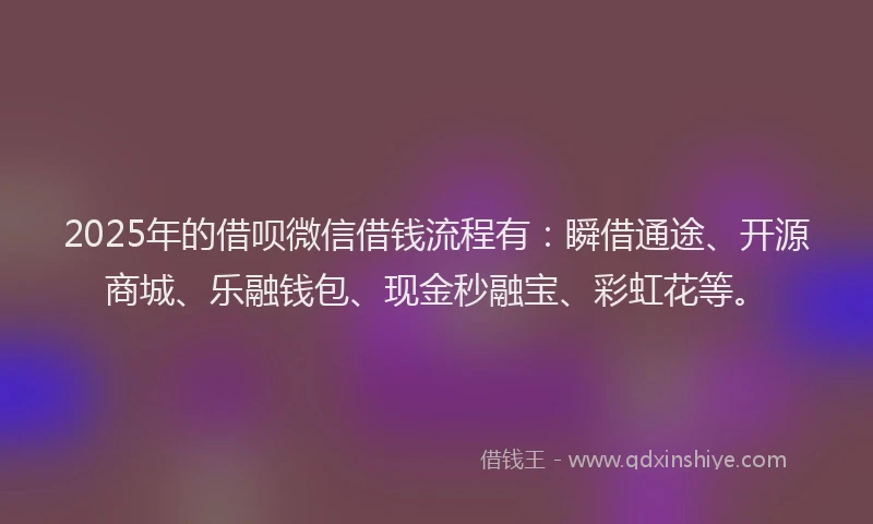 2025年的借呗微信借钱流程有：瞬借通途、开源商城、乐融钱包、现金秒融宝、彩虹花等。
