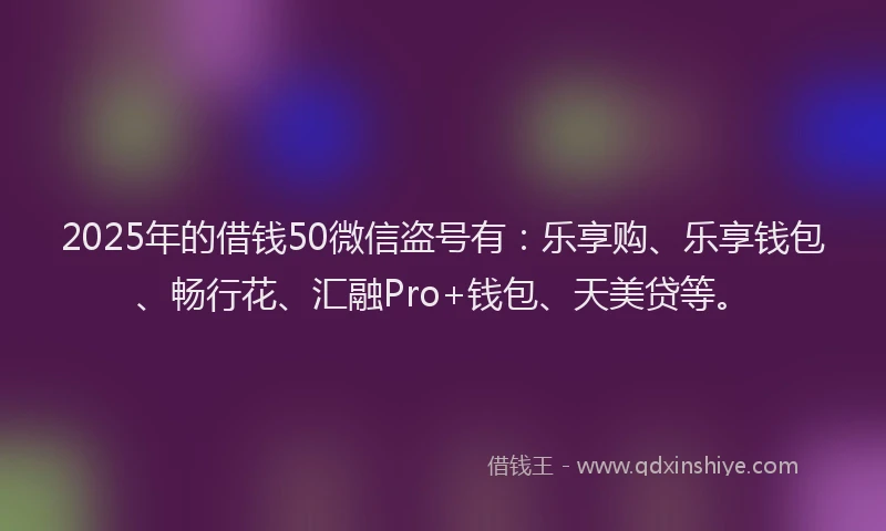2025年的借钱50微信盗号有：乐享购、乐享钱包、畅行花、汇融Pro+钱包、天美贷等。