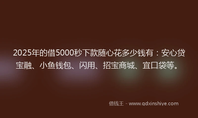 2025年的借5000秒下款随心花多少钱有：安心贷宝融、小鱼钱包、闪用、招宝商城、宜口袋等。