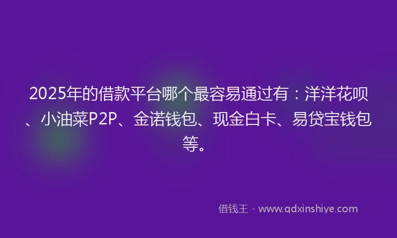 2025年的借款平台哪个最容易通过有：洋洋花呗、小油菜P2P、金诺钱包、现金白卡、易贷宝钱包等。