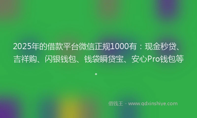 2025年的借款平台微信正规1000有：现金秒贷、吉祥购、闪银钱包、钱袋瞬贷宝、安心Pro钱包等。