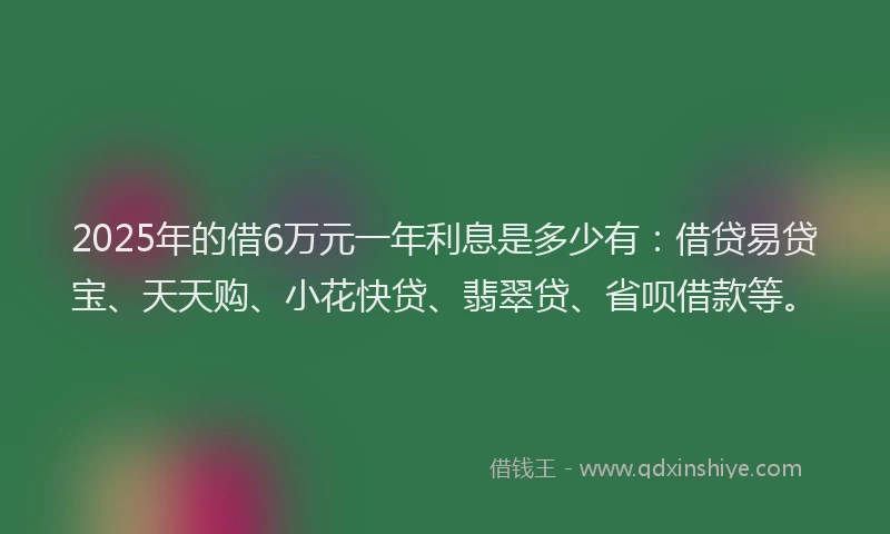 2025年的借6万元一年利息是多少有：借贷易贷宝、天天购、小花快贷、翡翠贷、省呗借款等。