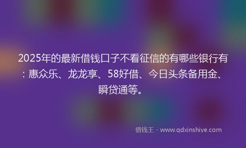 2025年的最新借钱口子不看征信的有哪些银行有：惠众乐、龙龙享、58好借、今日头条备用金、瞬贷通等。