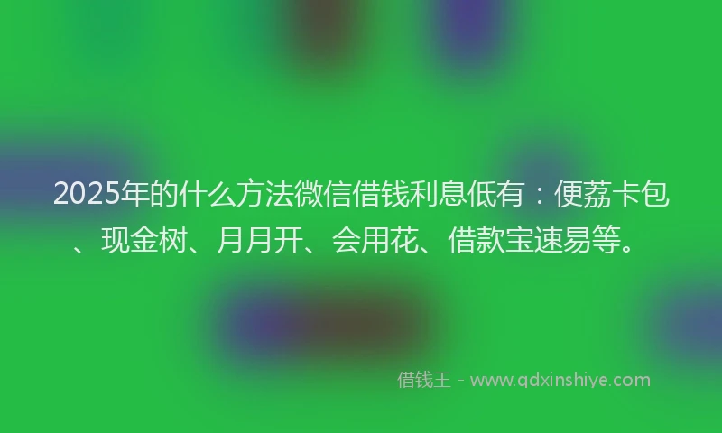 2025年的什么方法微信借钱利息低有：便荔卡包、现金树、月月开、会用花、借款宝速易等。
