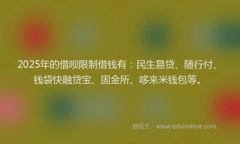 2025年的借呗限制借钱有：民生易贷、随行付、钱袋快融贷宝、固金所、哆来米钱包等。