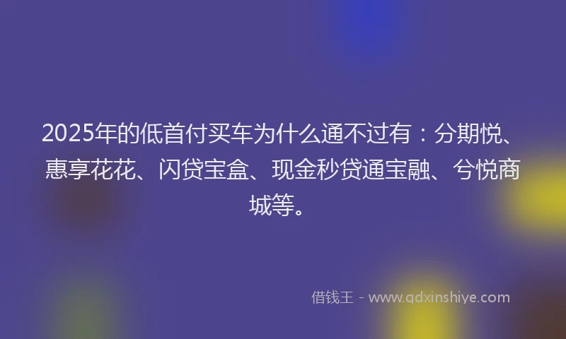 2025年的低首付买车为什么通不过有：分期悦、惠享花花、闪贷宝盒、现金秒贷通宝融、兮悦商城等。