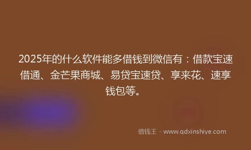 2025年的什么软件能多借钱到微信有：借款宝速借通、金芒果商城、易贷宝速贷、享来花、速享钱包等。