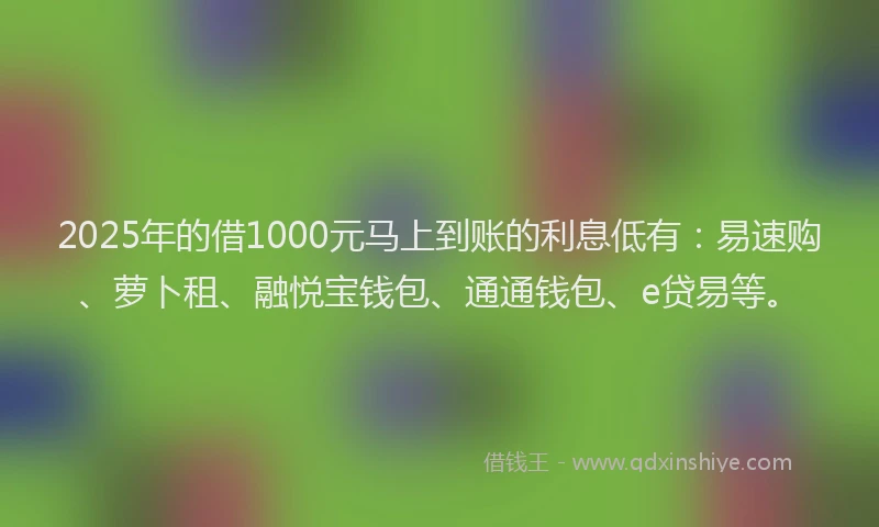 2025年的借1000元马上到账的利息低有：易速购、萝卜租、融悦宝钱包、通通钱包、e贷易等。