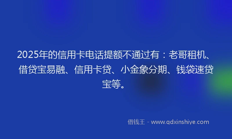 2025年的信用卡电话提额不通过有：老哥租机、借贷宝易融、信用卡贷、小金象分期、钱袋速贷宝等。