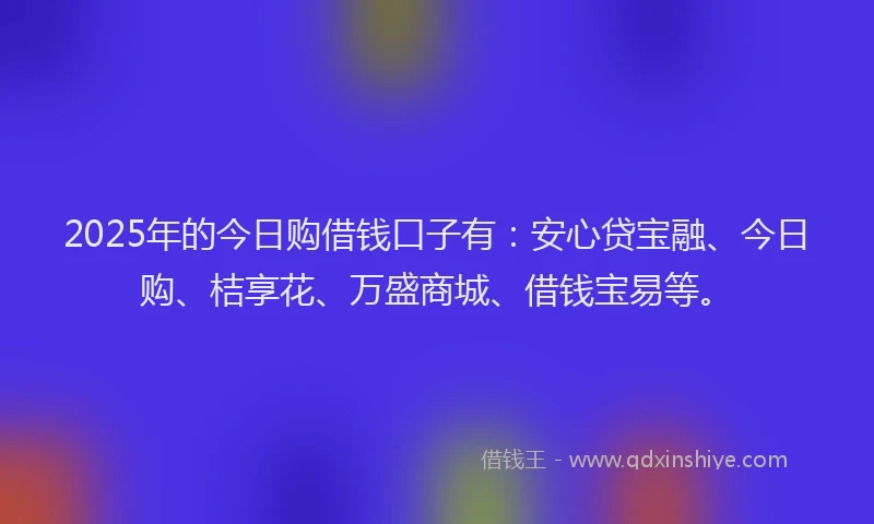 2025年的今日购借钱口子有：安心贷宝融、今日购、桔享花、万盛商城、借钱宝易等。