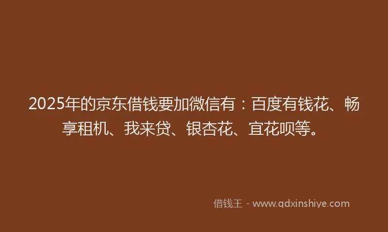 2025年的京东借钱要加微信有：百度有钱花、畅享租机、我来贷、银杏花、宜花呗等。