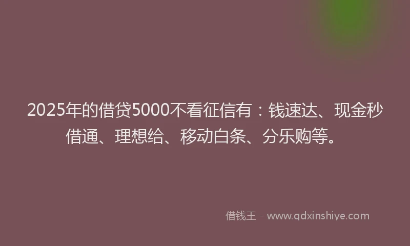 2025年的借贷5000不看征信有：钱速达、现金秒借通、理想给、移动白条、分乐购等。