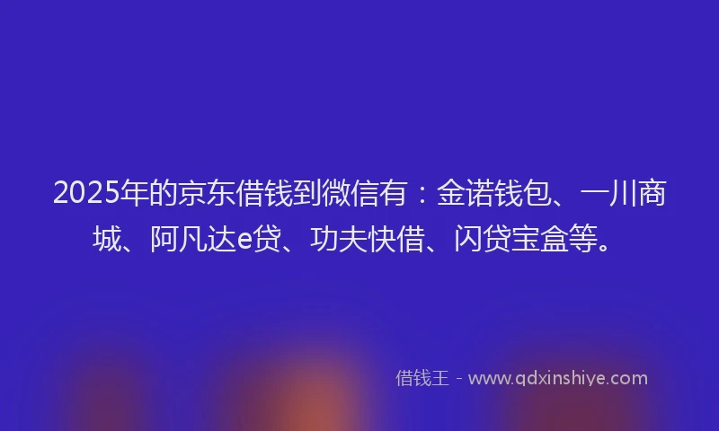 2025年的京东借钱到微信有：金诺钱包、一川商城、阿凡达e贷、功夫快借、闪贷宝盒等。