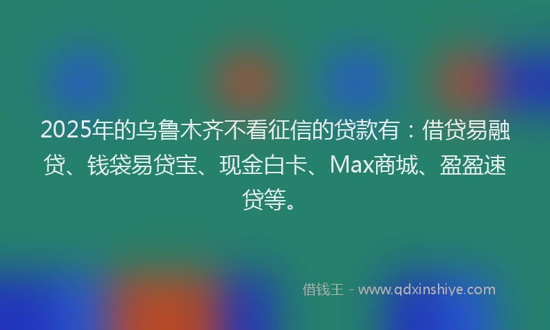 2025年的乌鲁木齐不看征信的贷款有：借贷易融贷、钱袋易贷宝、现金白卡、Max商城、盈盈速贷等。