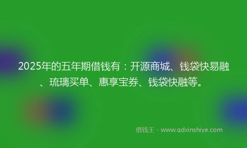 2025年的五年期借钱有：开源商城、钱袋快易融、琉璃买单、惠享宝券、钱袋快融等。