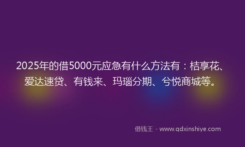 2025年的借5000元应急有什么方法有：桔享花、爱达速贷、有钱来、玛瑙分期、兮悦商城等。