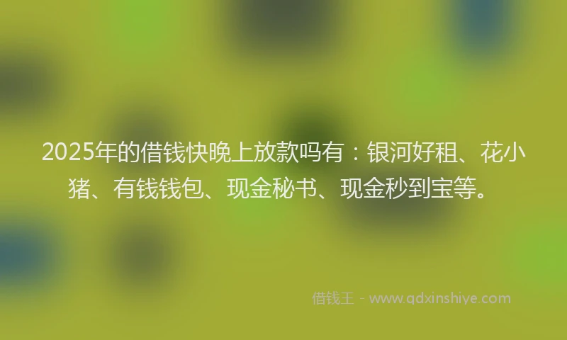 2025年的借钱快晚上放款吗有：银河好租、花小猪、有钱钱包、现金秘书、现金秒到宝等。