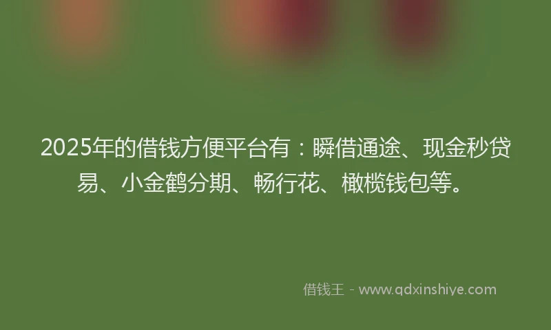 2025年的借钱方便平台有：瞬借通途、现金秒贷易、小金鹤分期、畅行花、橄榄钱包等。