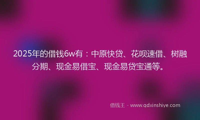 2025年的借钱6w有：中原快贷、花呗速借、树融分期、现金易借宝、现金易贷宝通等。