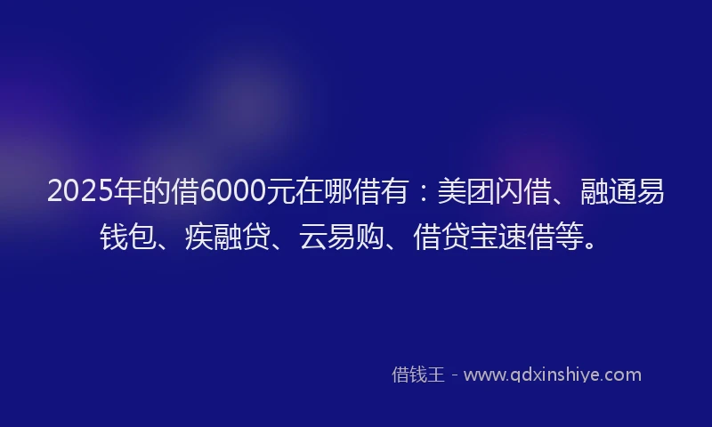 2025年的借6000元在哪借有：美团闪借、融通易钱包、疾融贷、云易购、借贷宝速借等。