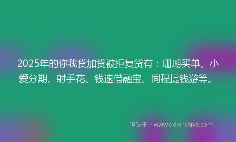 2025年的你我贷加贷被拒复贷有：珊瑚买单、小爱分期、射手花、钱速借融宝、同程提钱游等。