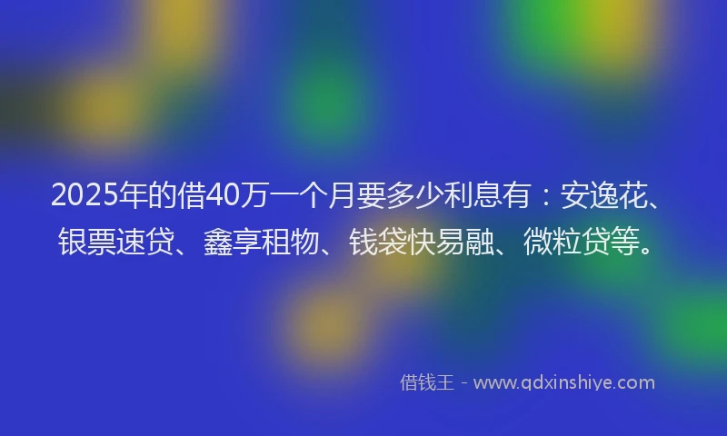 2025年的借40万一个月要多少利息有：安逸花、银票速贷、鑫享租物、钱袋快易融、微粒贷等。