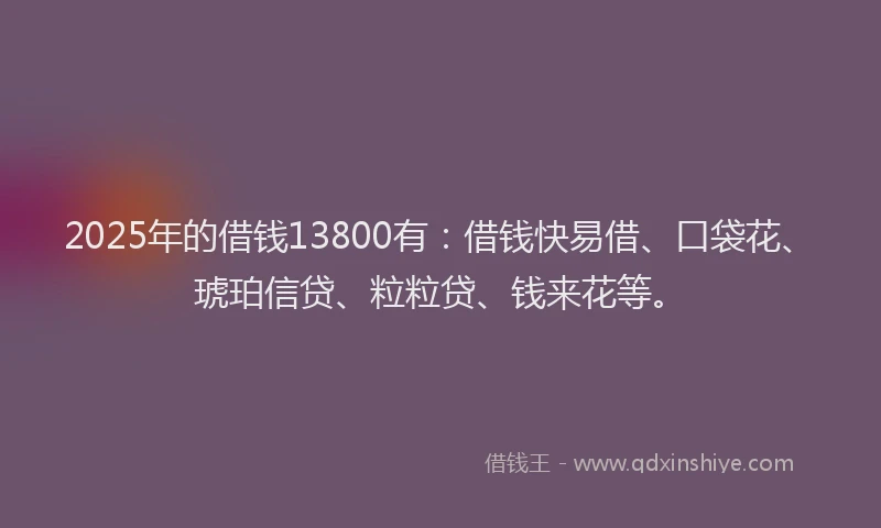 2025年的借钱13800有：借钱快易借、口袋花、琥珀信贷、粒粒贷、钱来花等。
