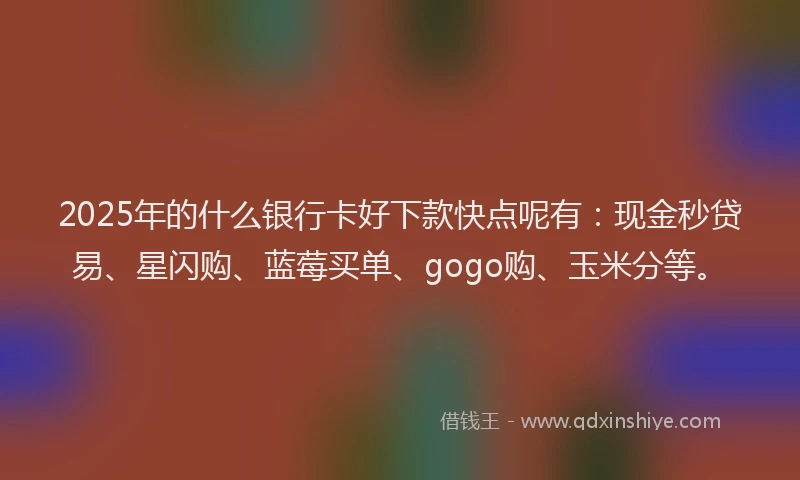2025年的什么银行卡好下款快点呢有：现金秒贷易、星闪购、蓝莓买单、gogo购、玉米分等。