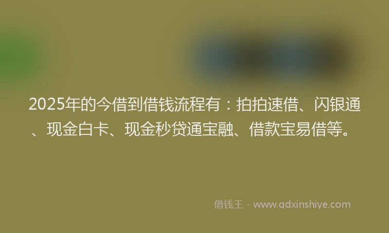 2025年的今借到借钱流程有：拍拍速借、闪银通、现金白卡、现金秒贷通宝融、借款宝易借等。