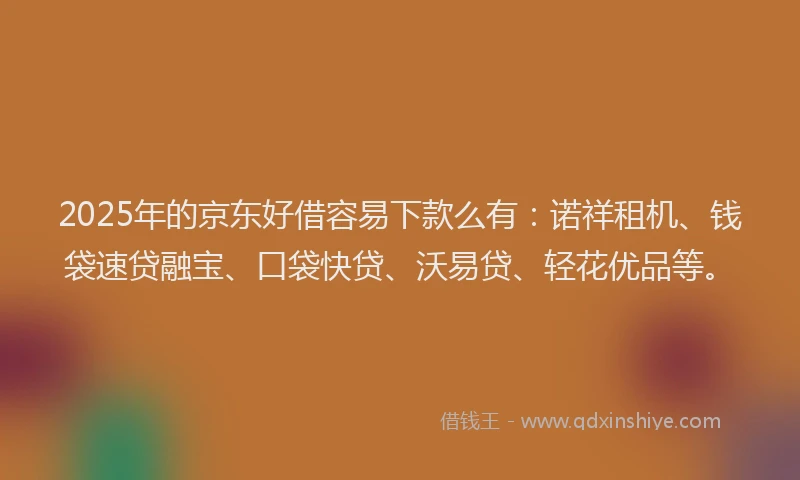 2025年的京东好借容易下款么有：诺祥租机、钱袋速贷融宝、口袋快贷、沃易贷、轻花优品等。
