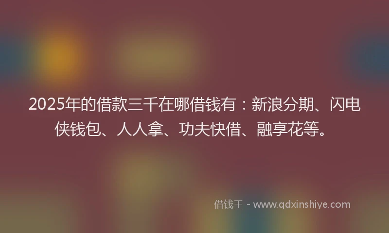 2025年的借款三千在哪借钱有：新浪分期、闪电侠钱包、人人拿、功夫快借、融享花等。