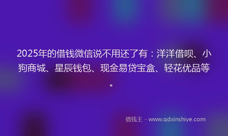 2025年的借钱微信说不用还了有：洋洋借呗、小狗商城、星辰钱包、现金易贷宝盒、轻花优品等。