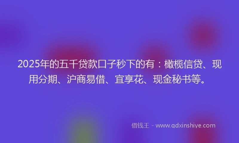 2025年的五千贷款口子秒下的有：橄榄信贷、现用分期、沪商易借、宜享花、现金秘书等。
