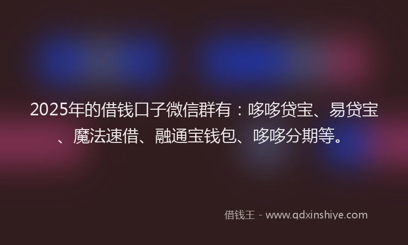 2025年的借钱口子微信群有：哆哆贷宝、易贷宝、魔法速借、融通宝钱包、哆哆分期等。