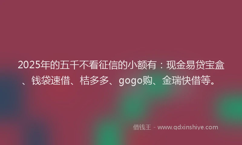 2025年的五千不看征信的小额有：现金易贷宝盒、钱袋速借、桔多多、gogo购、金瑞快借等。