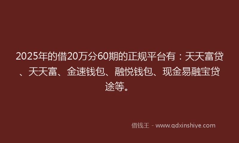 2025年的借20万分60期的正规平台有：天天富贷、天天富、金速钱包、融悦钱包、现金易融宝贷途等。