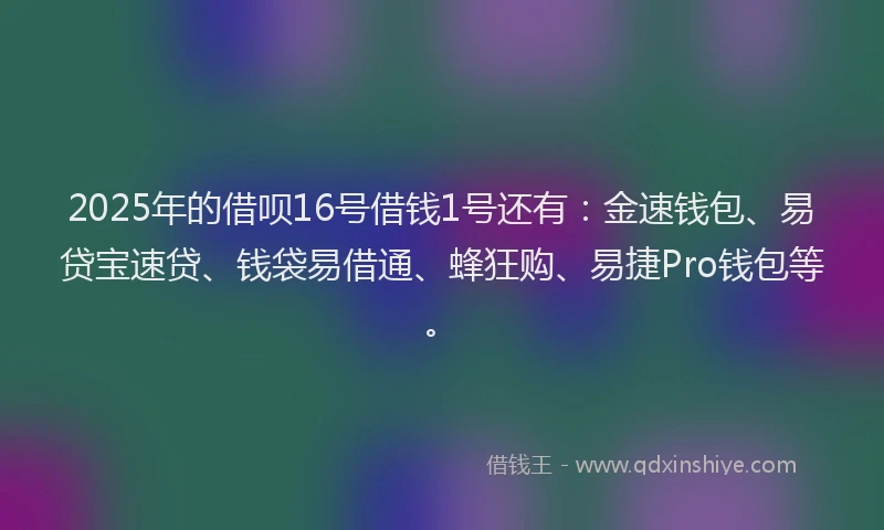 2025年的借呗16号借钱1号还有：金速钱包、易贷宝速贷、钱袋易借通、蜂狂购、易捷Pro钱包等。
